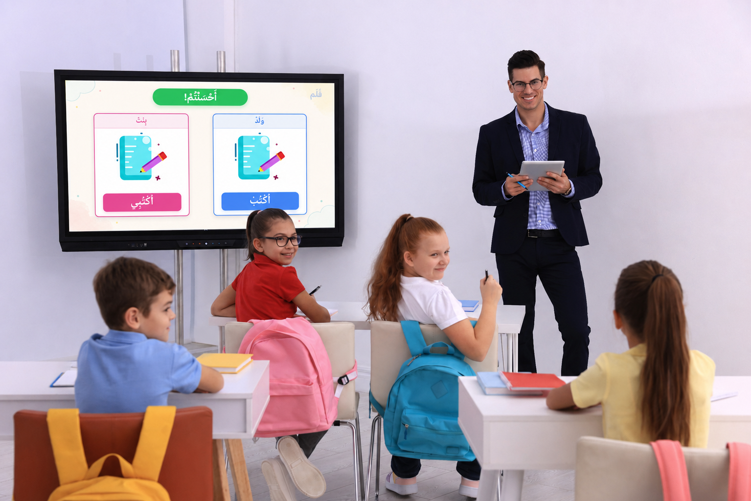 A Qalam lesson shown on a classroom smartboard