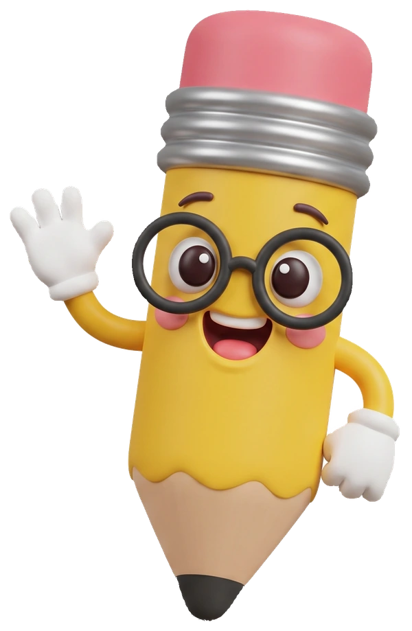 A friendly pencil character waving hello
